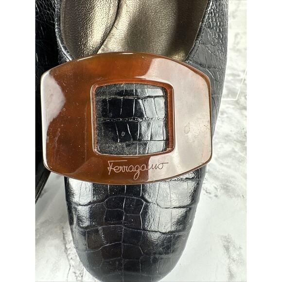 Vintage Salvatore Ferragamo Black Leather Heels Size 9 AA Tortoise Shell Buckle - Picture 5 of 9